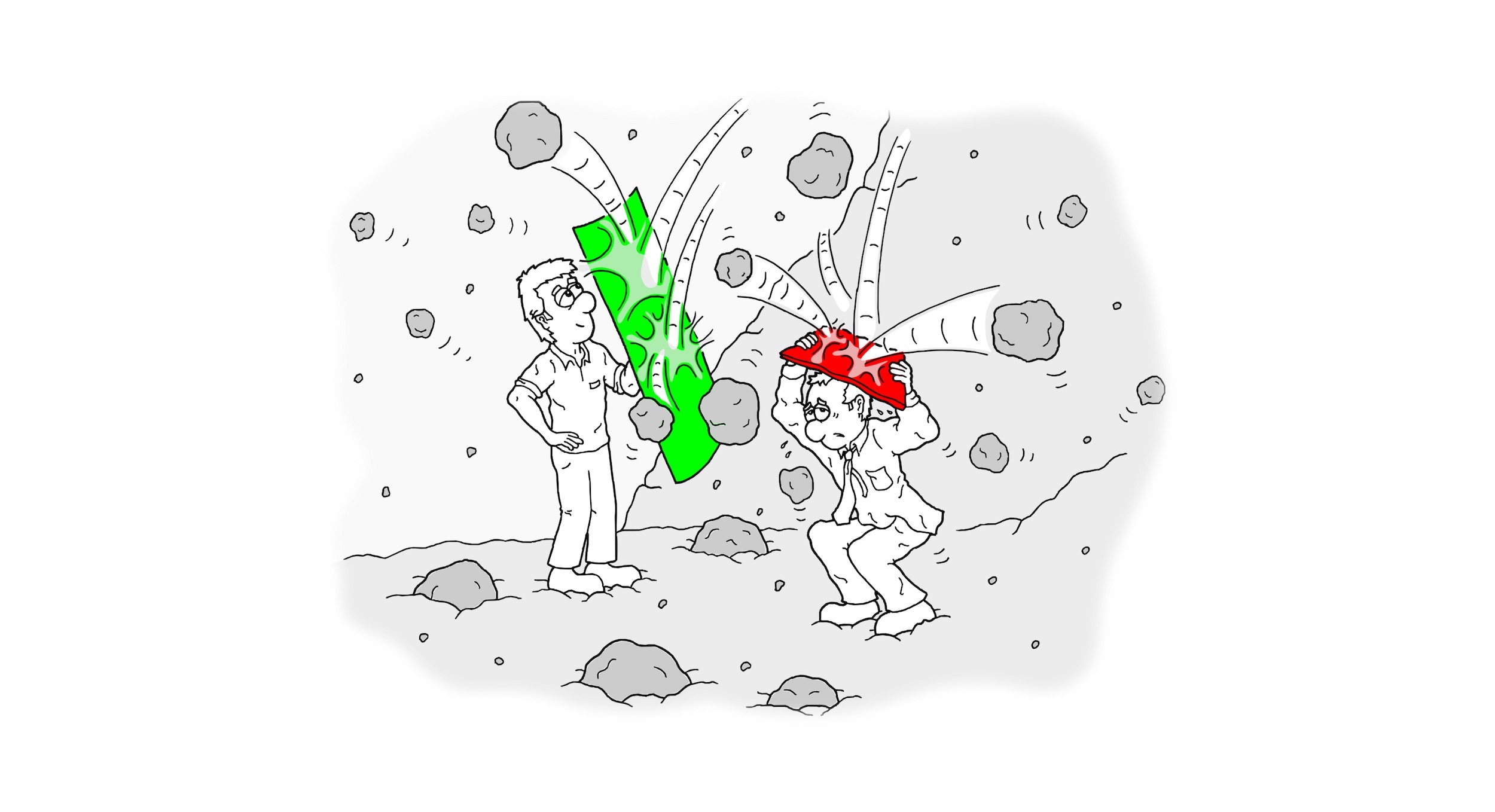 person holding a green shield to protect himself from stones while other person with red shield struggles to shield himself.